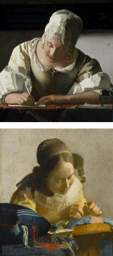 Details of the Lacemkaer and the Lady Writing a Letter with her Miad by Johannes Vermeer