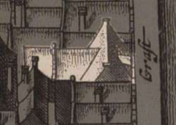 A detail of a house showing a roof in a Kaart Figuratief possiblysimilar in construction to that of Mechelen in Leonard Schenk's View of the Delft Market Square