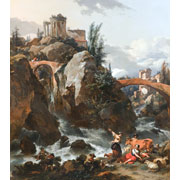 Nicolaes Berchem<br><i>Landscape with a waterfall and the Temple of the Sibyl at Tivoli</i>