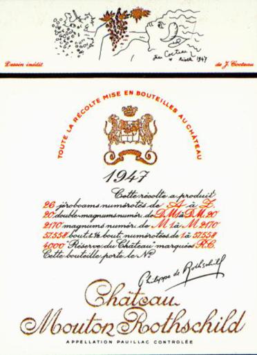 The 1947 Chateau Mouton Rothschild wine label by: Jean Cocteau