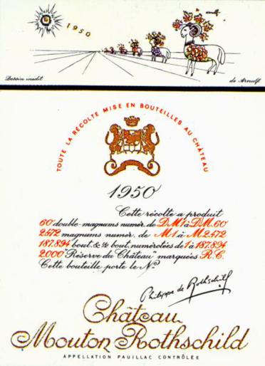 The 1950 Chateau Mouton Rothschild wine label by: Georges Arnulf