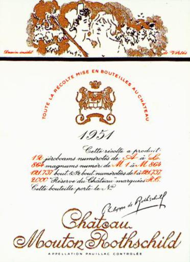 The 1951 Chateau Mouton Rothschild wine label by: Marcel Vertes