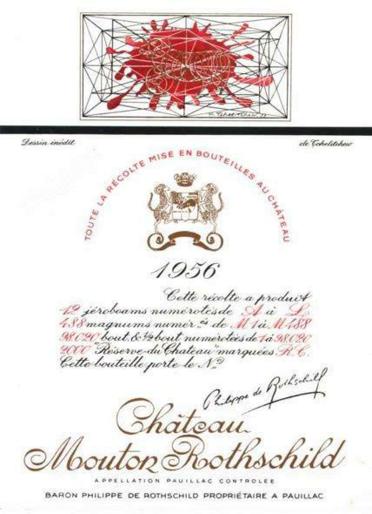 The 1956 Chateau Mouton Rothschild wine label by: Pavel Tchelitchew