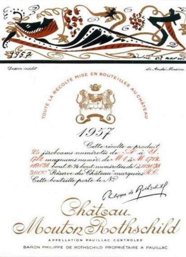 The 1957 Chateau Mouton Rothschild wine label by: Andre Masson