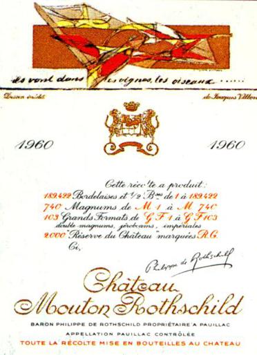 The 1960 Chateau Mouton Rothschild wine label by: Jaques Villon