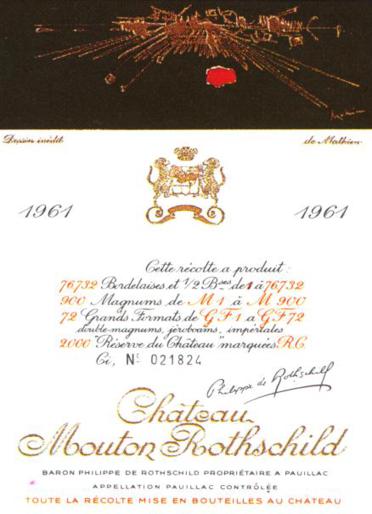 The 1961 Chateau Mouton Rothschild wine label by: Georges Mathieu