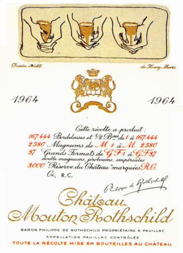 The 1964 Chateau Mouton Rothschild wine label by: Henry Moore