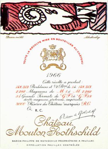 The 1966 Chateau Mouton Rothschild wine label by: Pierre Alechinsky