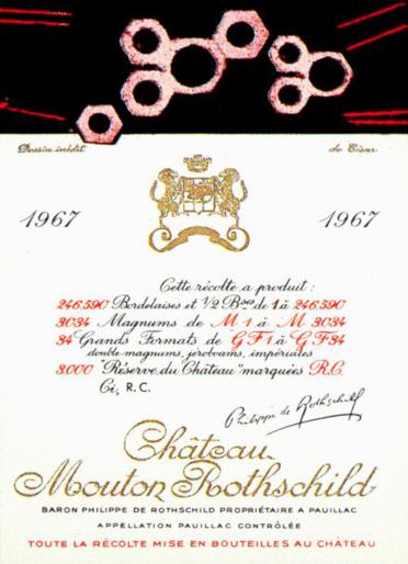 The 1967 Chateau Mouton Rothschild wine label by: Cesar Baldaccini