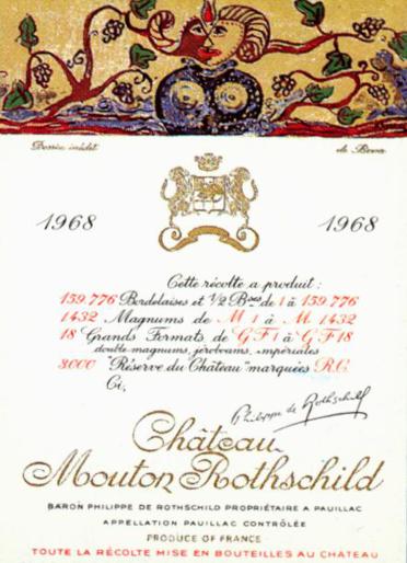 The 1968 Chateau Mouton Rothschild wine label by: Bona Tibertelli
