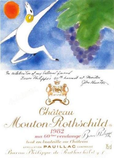 The 1982 Chateau Mouton Rothschild wine label by: John Huston