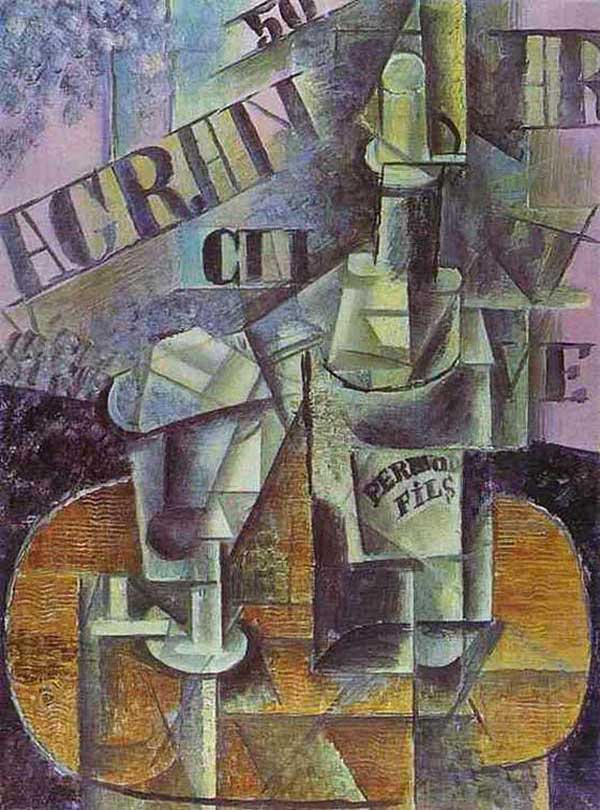 Пабло Пикассо. Бутылка перно, или Столик в кафе. 1912